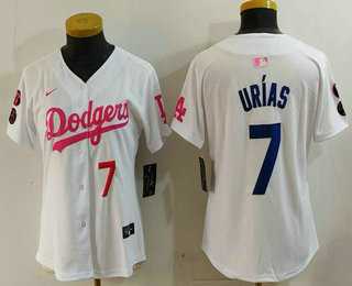 Womens Los Angeles Dodgers #7 Julio Urias Number White Pink With Patch Limited Stitched Jersey